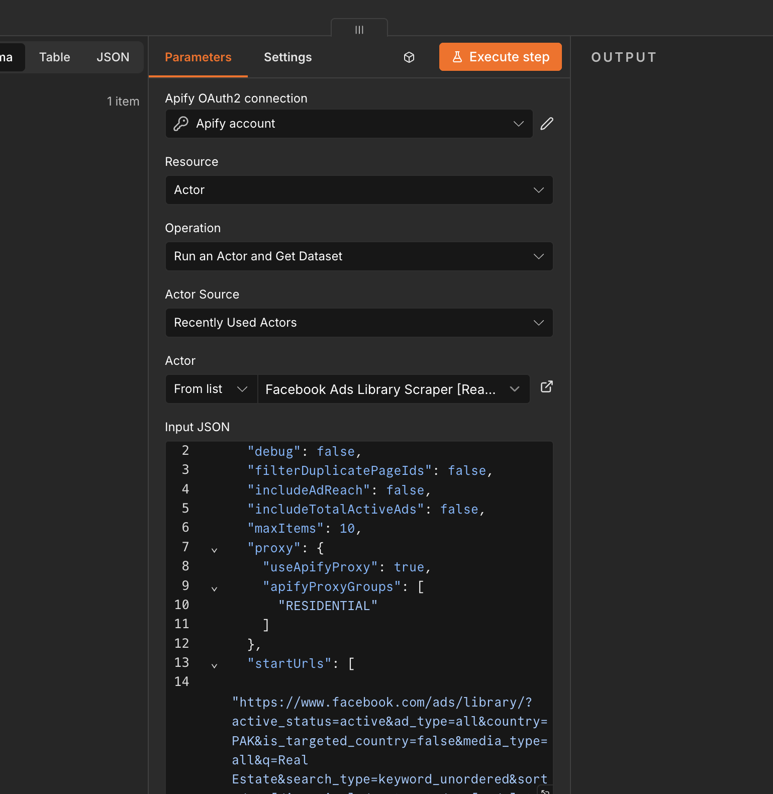 n8n node configuration for the Apify Facebook Ads Library Scraper actor