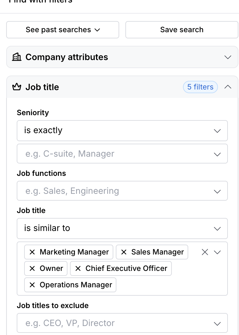 Apollo.io job title filters set to Marketing Manager, Sales Manager, Owner, CEO, and Operations Manager
