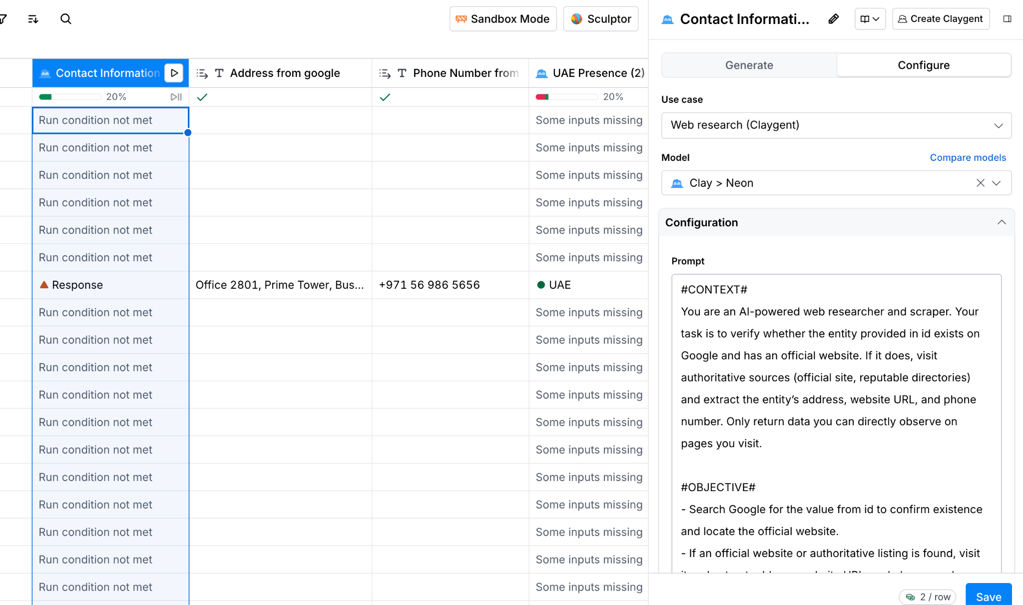 Claygent AI web-research prompt configured to verify a company's existence and extract its address, website URL, and phone number from authoritative sources