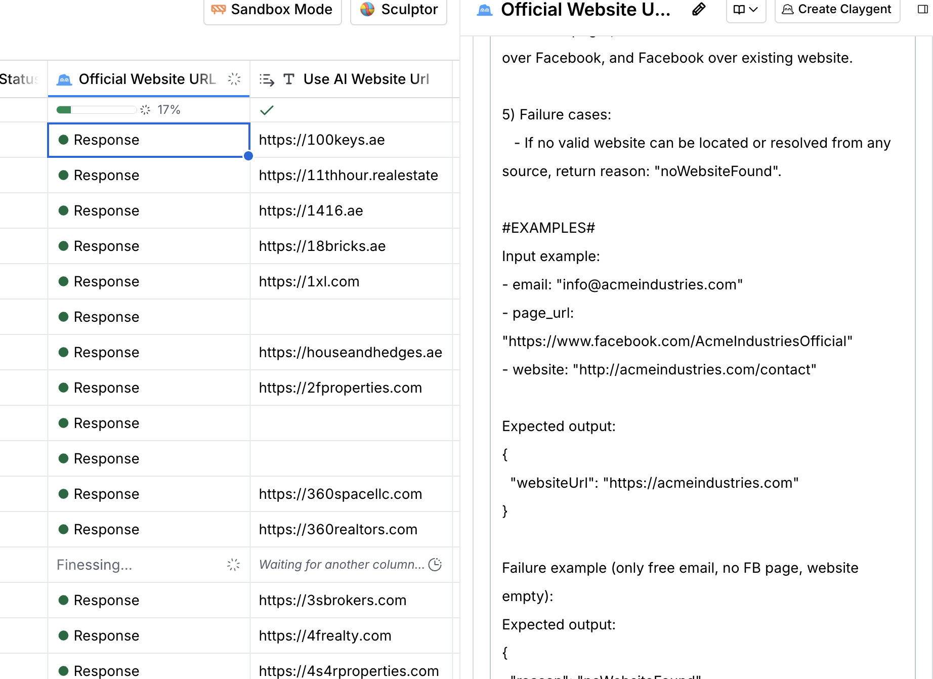 AI prompt for resolving a company's official website URL, with worked input/output examples