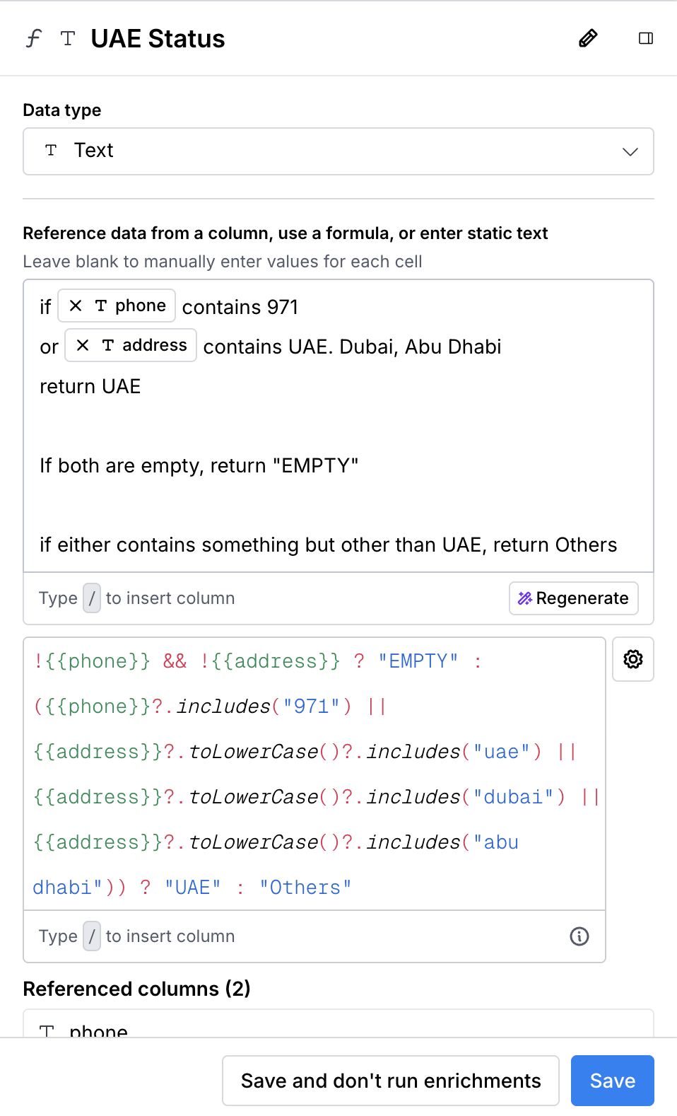 Clay formula editor: a free formula checking phone and address fields against UAE, Dubai, and Abu Dhabi to determine UAE status
