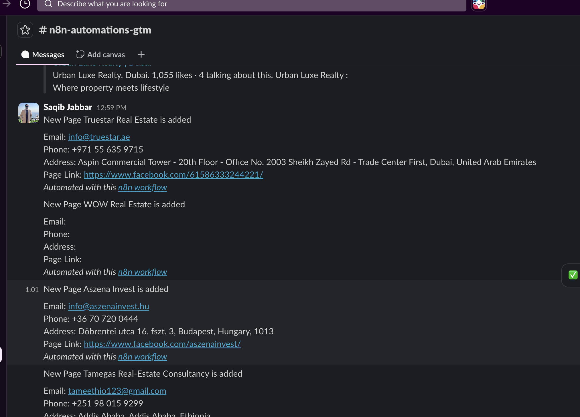 Slack channel showing real-time notifications as new company pages are added to the pipeline